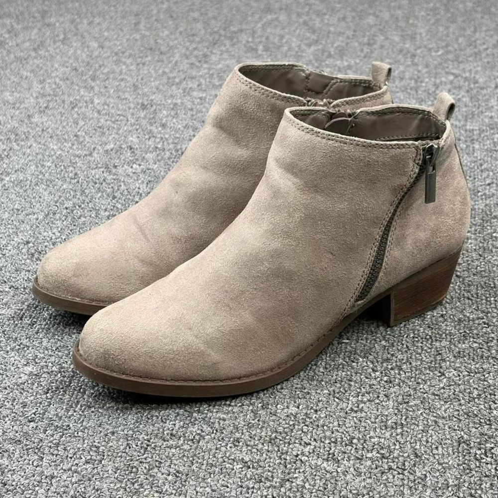 Women's Grey Tan Suede Leather Heel Side Zip Booties Boots Size 7.5 M